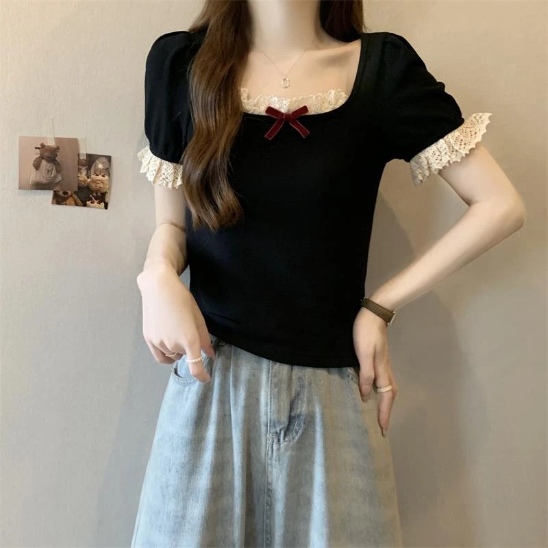 杜拉妮蝴蝶结黑色正肩蕾丝边短袖T恤女夏大码胖mm今年流行漂亮小