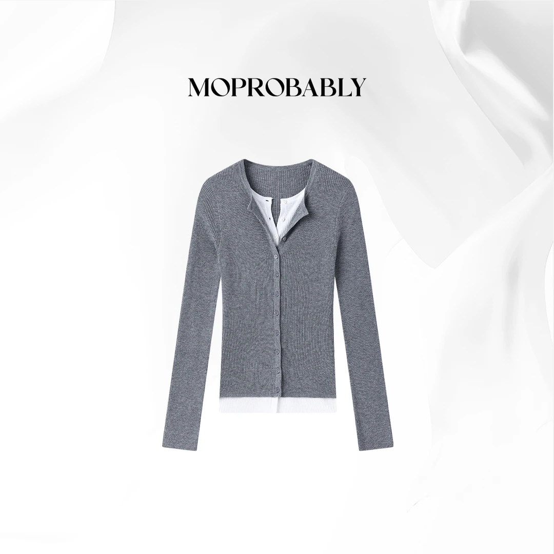 Moprobably贝贝「梧桐树」撞色假两件纽扣打底针织开衫B5477041