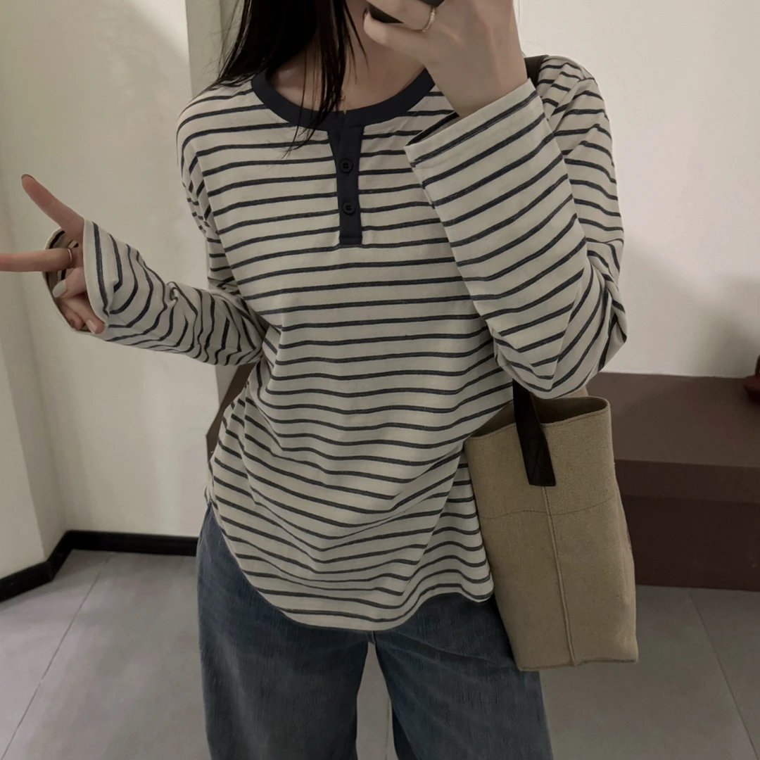 今婷韩版时尚百搭休闲慵懒风宽松显瘦条纹撞色长袖T恤-M25316305