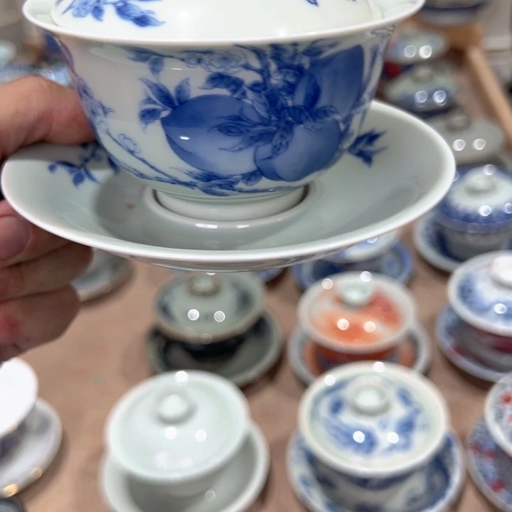瓷片白青花九套元宝盖碗微瑕