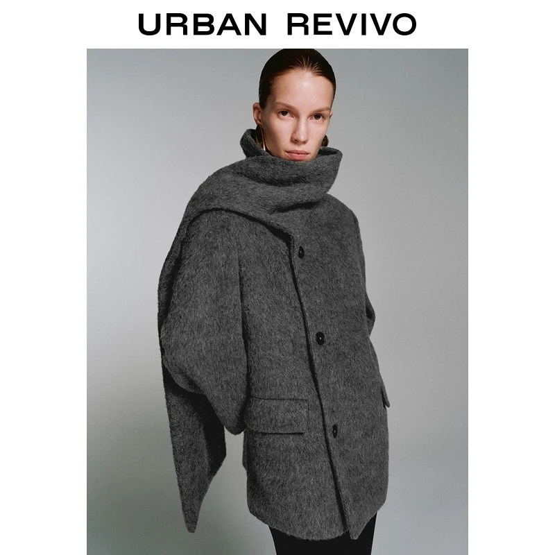 UR2025冬季新款女装气质高智感格雷系围巾领外套UWJ150106