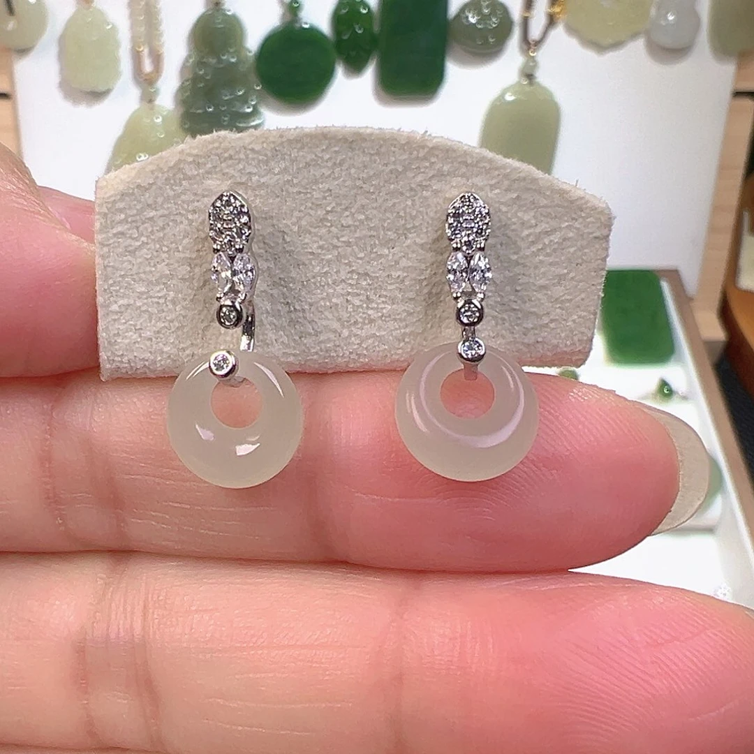 和田玉银S925镶嵌耳饰