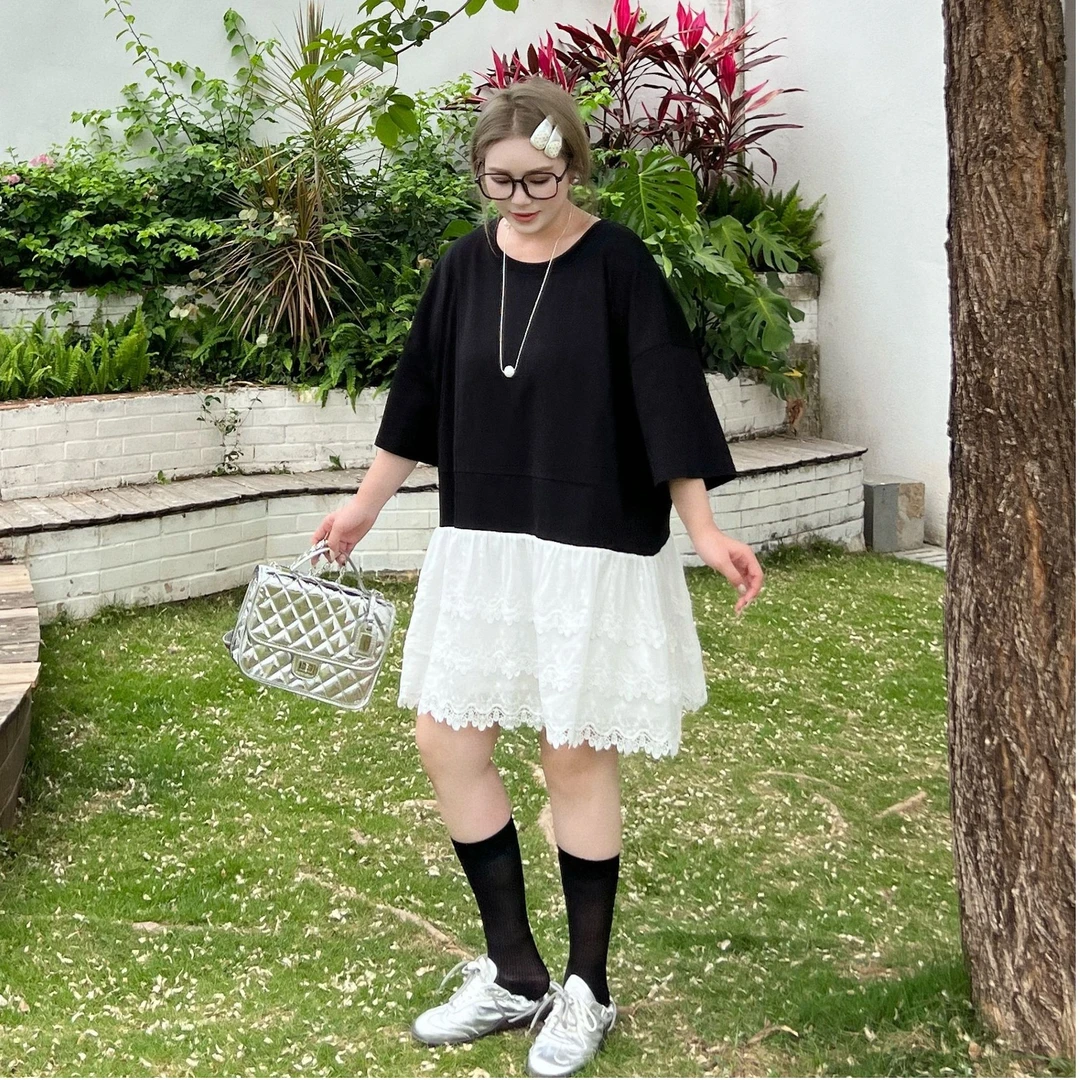 媛子大码假两件蛋糕裙蕾丝拼接小众减龄气质时尚胖mm宽松洋气短裙