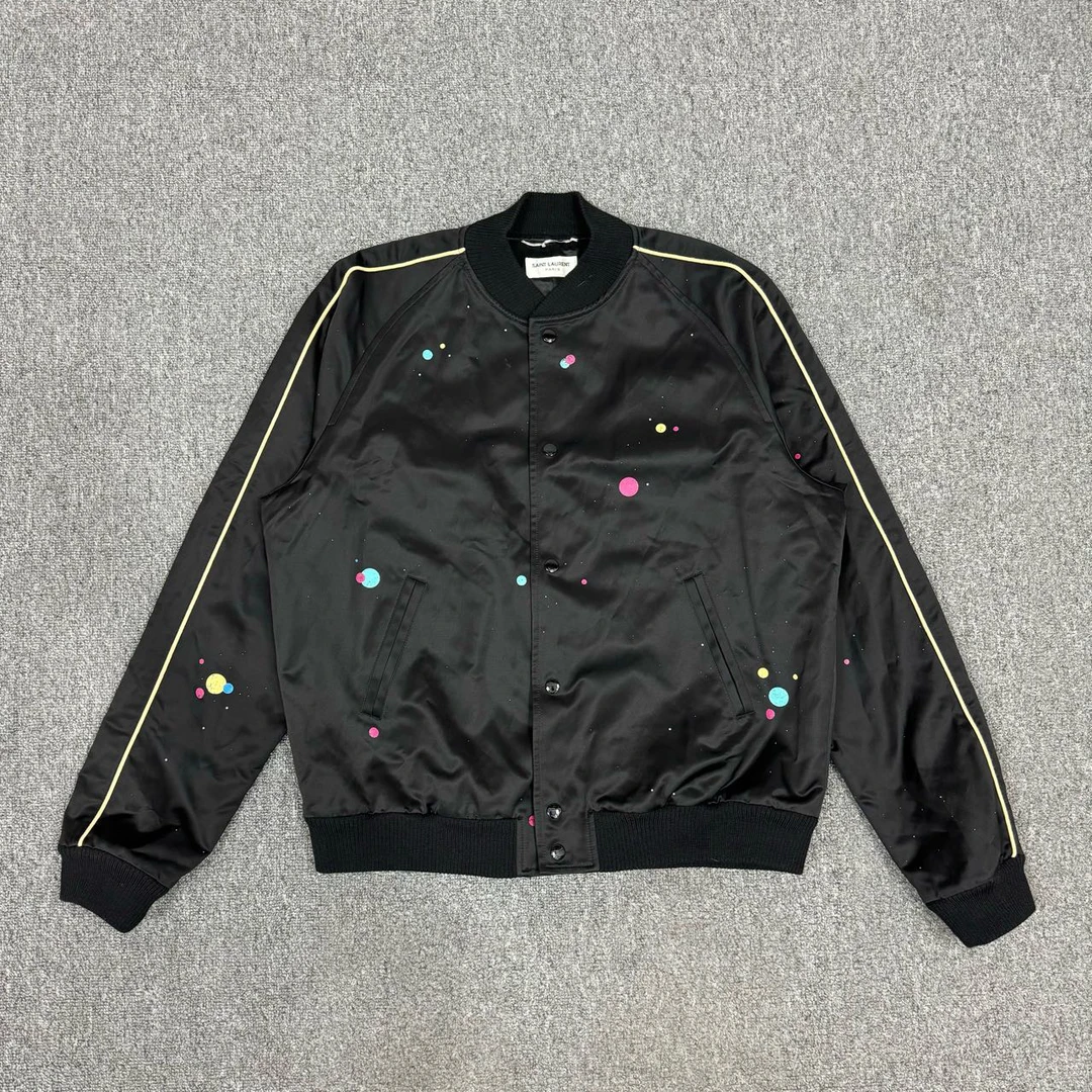 99新 YSL/圣罗兰 11015148 nz 黑色星球泼墨做旧大棒球外套 52码