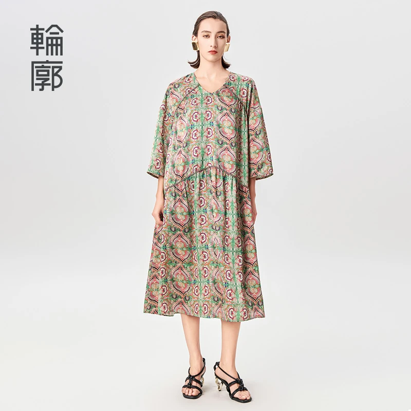 轮廓原创连衣裙新中式复古长裙气质碎花休闲宽松减龄裙子L242Y041