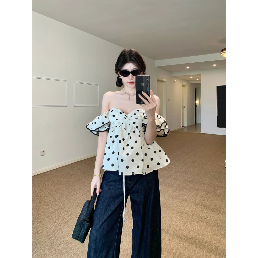 夏季新品显瘦波点衬衫设计感荷叶边露肩性感气质一字肩短款上衣