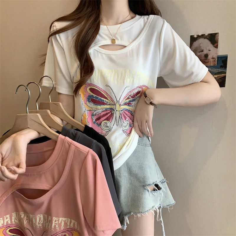 S短袖上衣大码夏季新款胖mm洋气减龄缕空设计感蝴蝶印花正肩女T恤