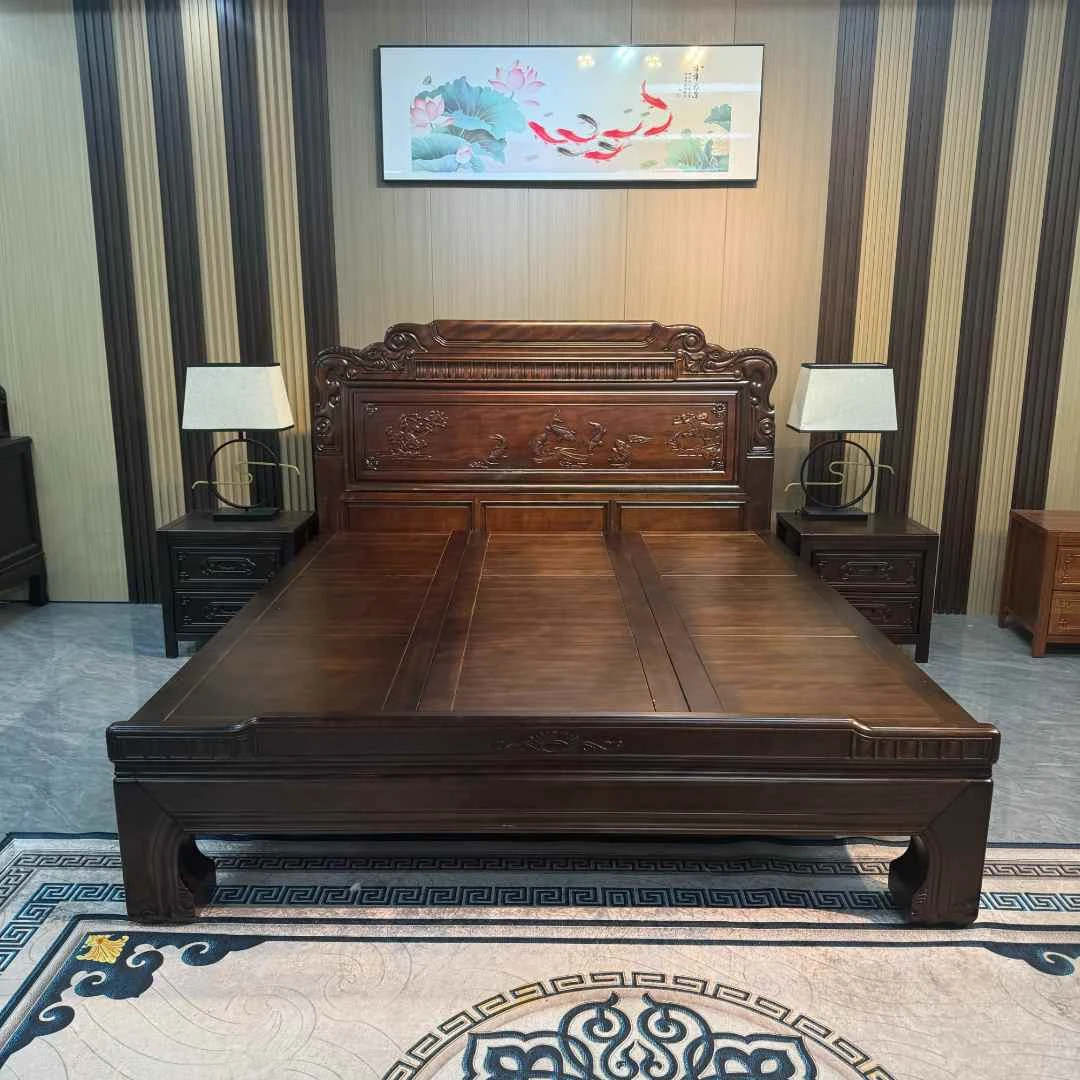 年年有鱼雕花南美檀木榫卯主卧实木大床原木古典x2大床雕花双人床