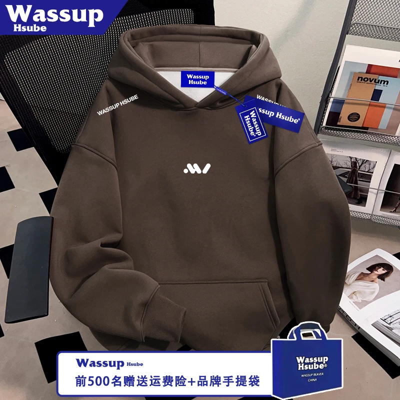 WASSUP HSUBE创意设计印花加绒咖啡色卫衣秋冬季连帽套头男女上衣