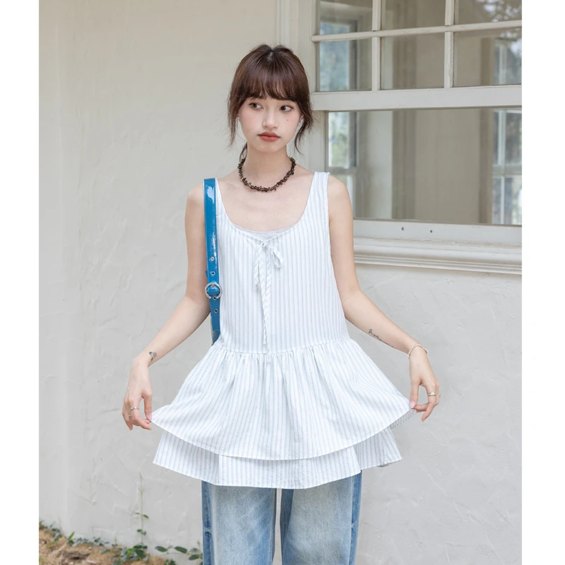 休闲时尚蓝白条纹U领无袖系带宽松夏装百搭吊带背心