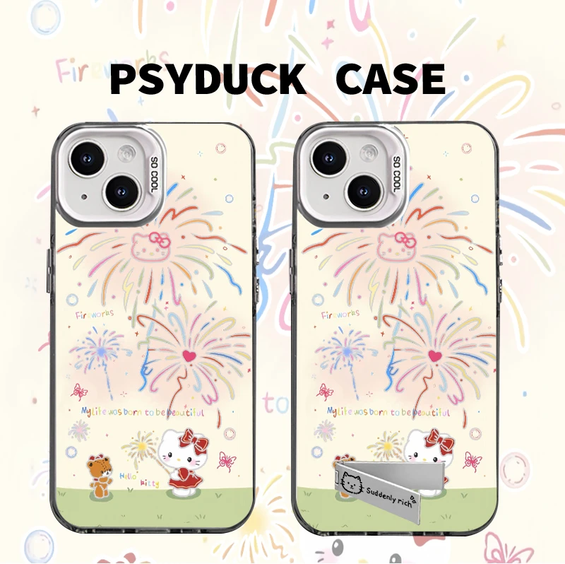 适用苹果华为一加iQOO小米放烟花凯蒂猫彩银白底动漫防摔手机壳