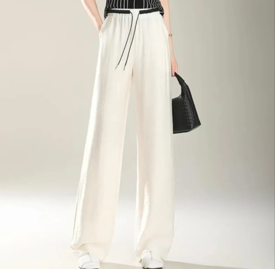 夏季新品 夏季奢华蚕.丝亚麻抗皱亲肤垂感高腰显瘦休闲直筒阔腿裤