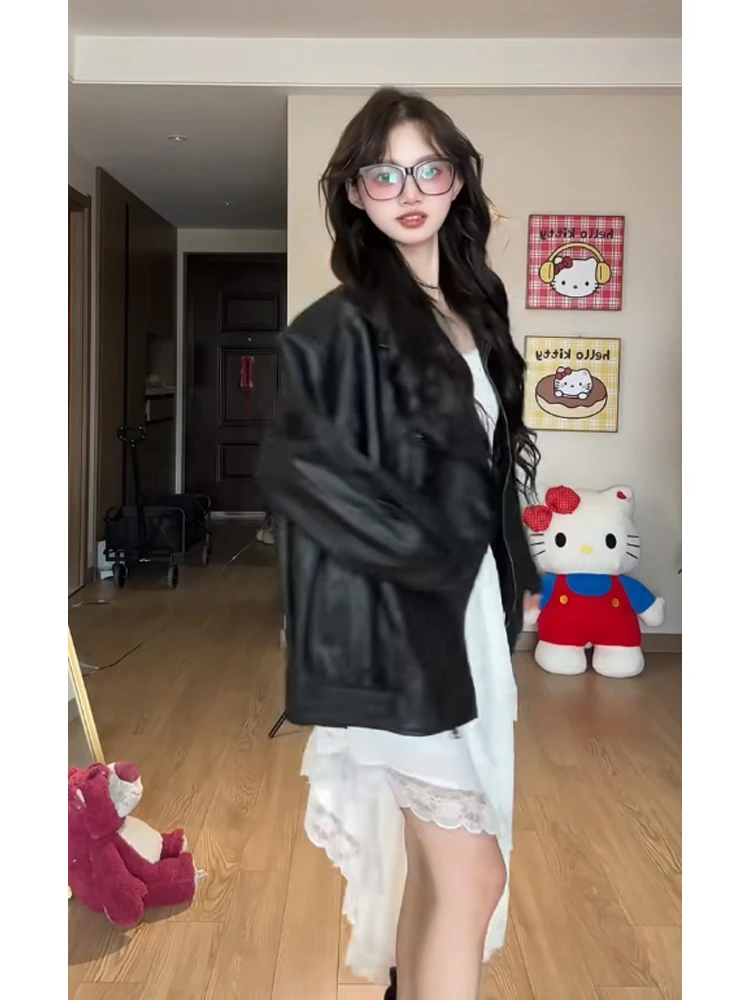 2025新款秋季甜酷风机车皮衣外套上衣百搭不规则连衣裙两件套装