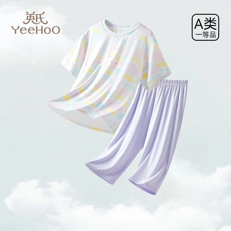 英氏儿童睡衣女童短袖分体家居服夏季薄款中大童空调服2025年M