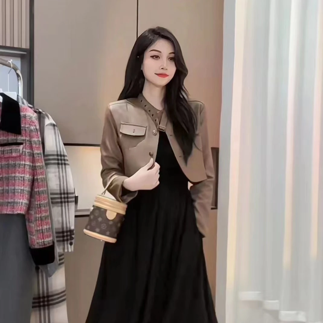 秋装新款美式气质高级感短款pu皮领口系带设计感外套女士潮1199#