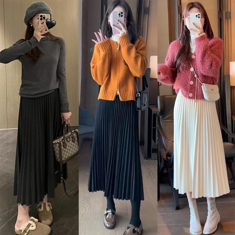 孕妇百褶半身裙高腰外穿时尚显瘦裙子春秋百搭a字无托腹毛呢长裙