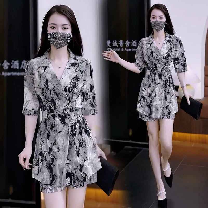 新中式国风雪纺套装女2025年夏季新款时尚洋气西装领连衣裙两件套