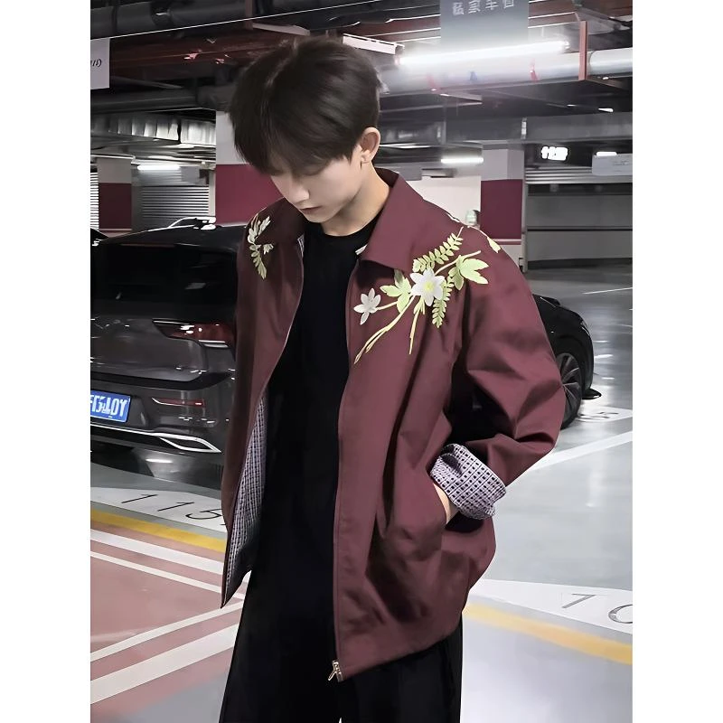 花卉刺绣棒球服外套男款春秋国潮牌美式复古双面穿短款飞行员夹克