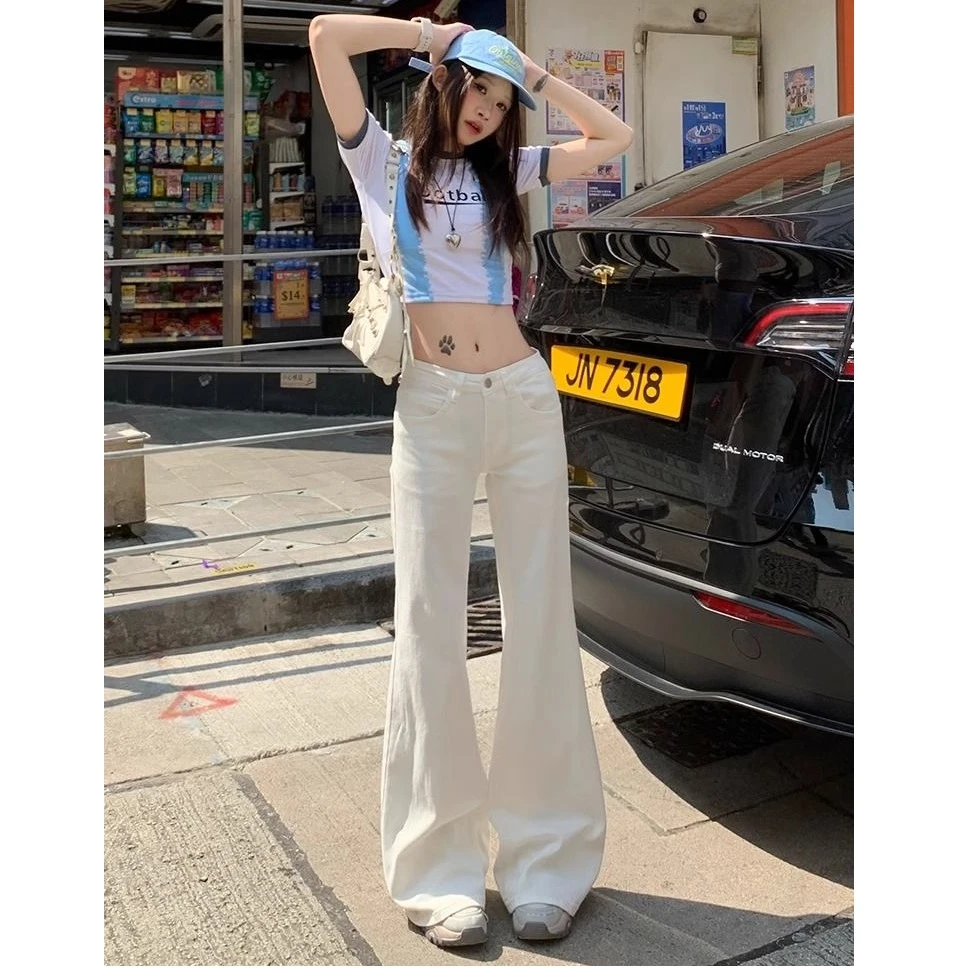 高个子加长白色微喇牛仔裤女春夏辣妹低腰百搭宽松显瘦拖地喇叭裤