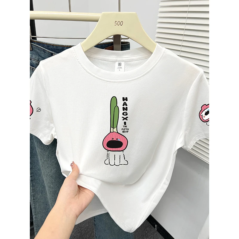 正肩短袖T恤女夏季2025新款韩版设计感通勤洋气圆领印花小版上衣