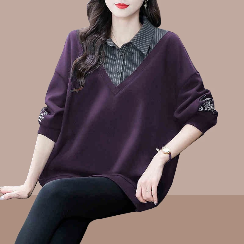 大码女装假两件韩版宽松拼接卫衣春季新款显瘦遮肉时尚妈妈装上衣