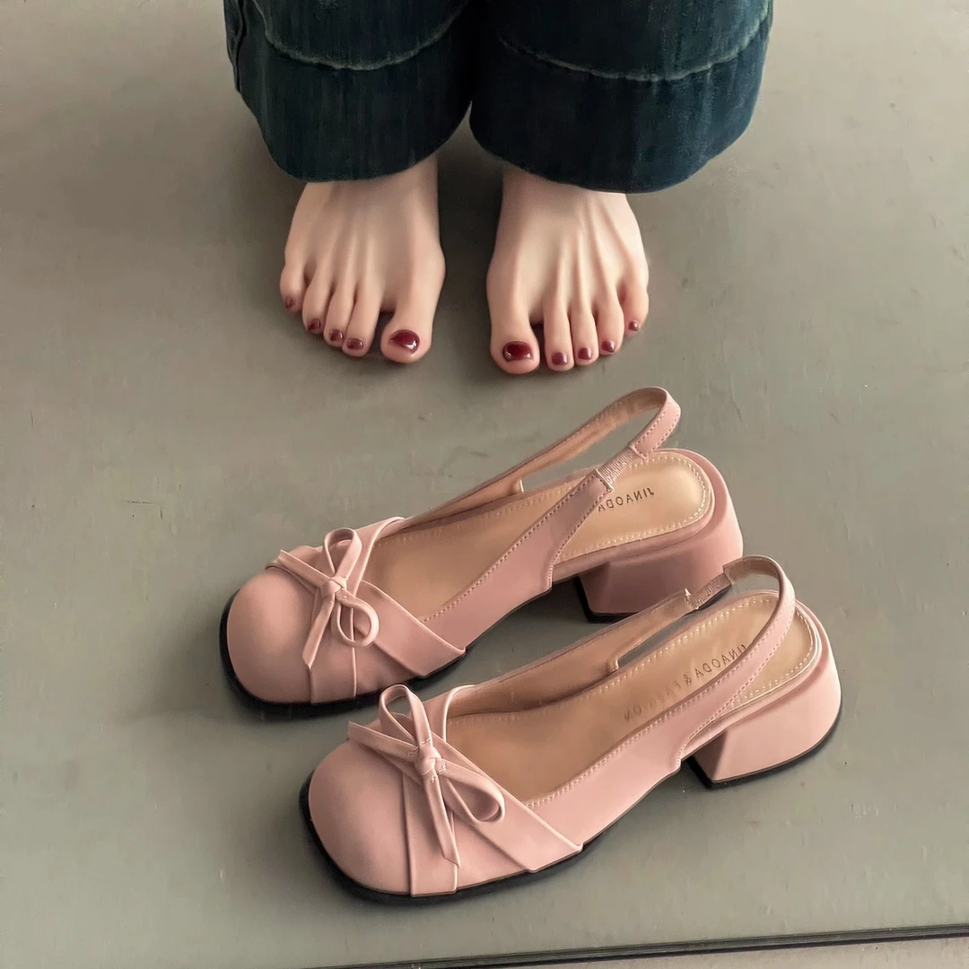 蝴蝶结绸缎包头后空凉鞋女2025年夏季新款外穿配裙仙女风玛丽珍鞋