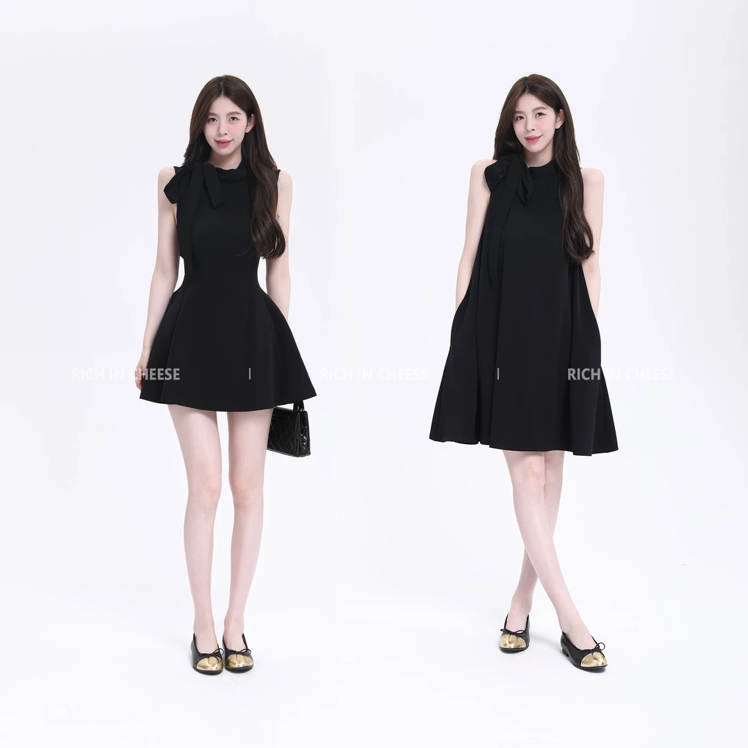 舒胡蕾 乖乖千金 法式千金气质双腰型无袖蝴蝶结连衣裙短裙