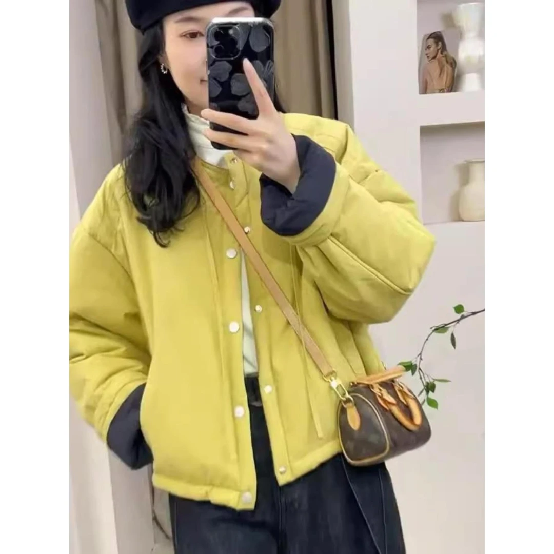 2025冬季新款撞色圆领棉衣夹棉外套女短小个子休闲宽松轻薄小棉袄