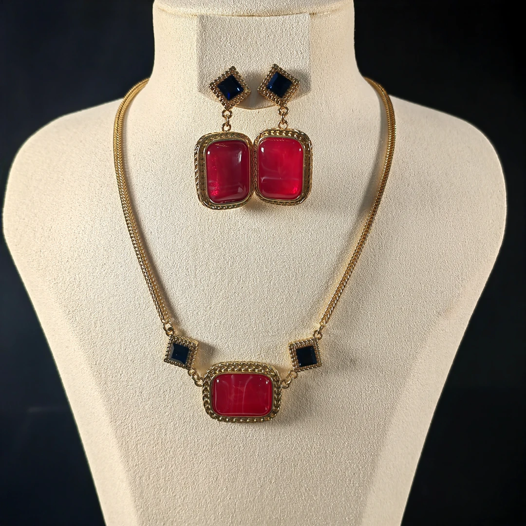 镀K金项链 红方糖】早期中古高定轻奢复古红色百搭项链耳钉1092