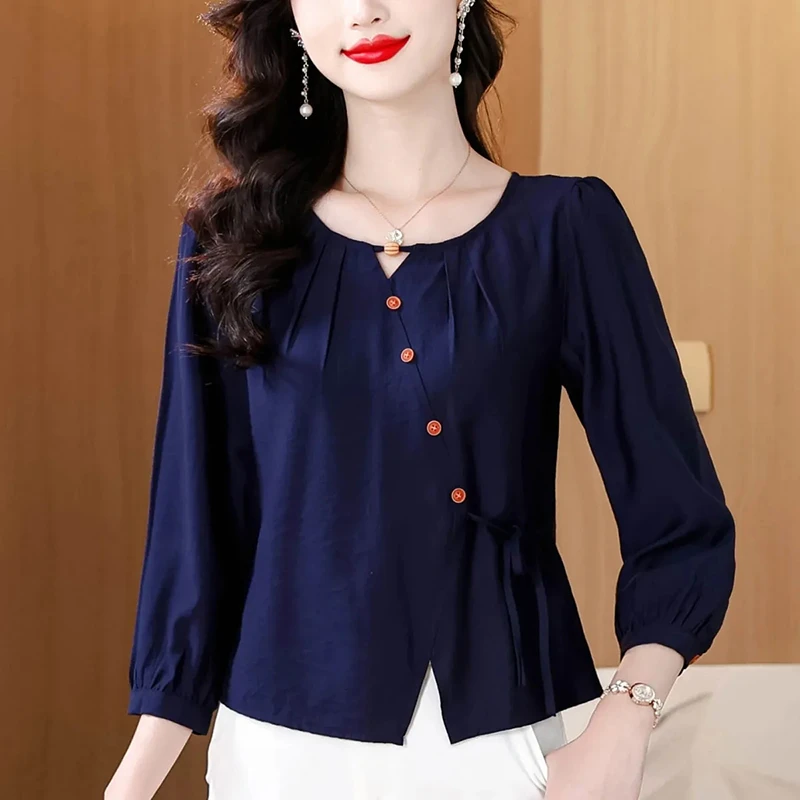 法式设计感绑带七分袖衬衫女秋时尚洋气百搭遮肉显瘦打底上衫8292