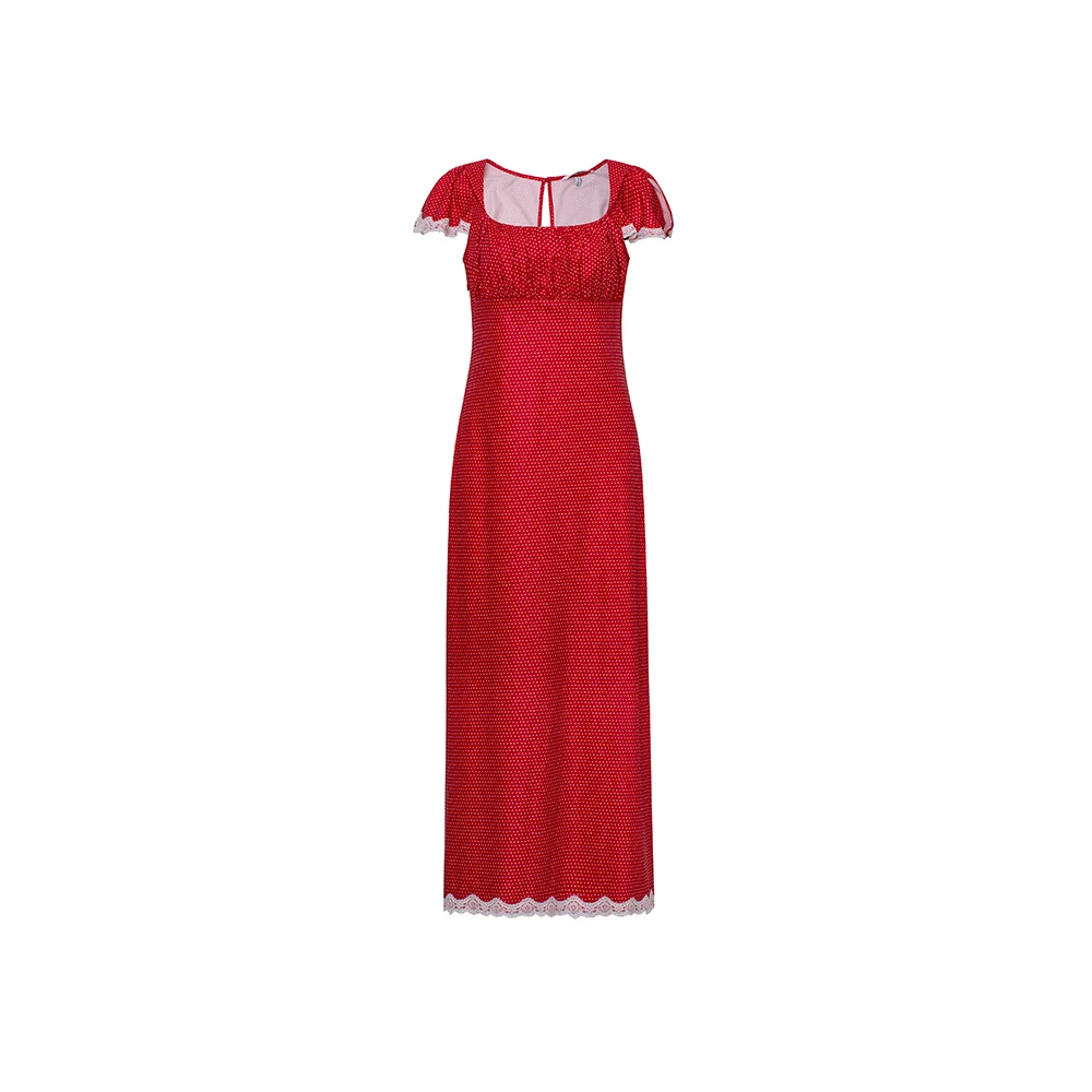 TOPCLOSET 浪漫奇遇 法式复古红色波点显瘦方领蕾丝拼接长连衣裙