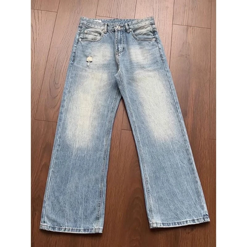 闪电裂纹水洗蓝牛仔裤男款春夏美式vibe风裤子宽松阔腿直筒微喇裤