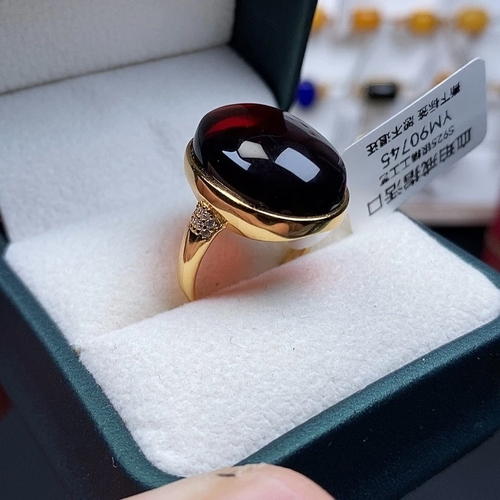 血珀银S925镀金镶嵌戒指