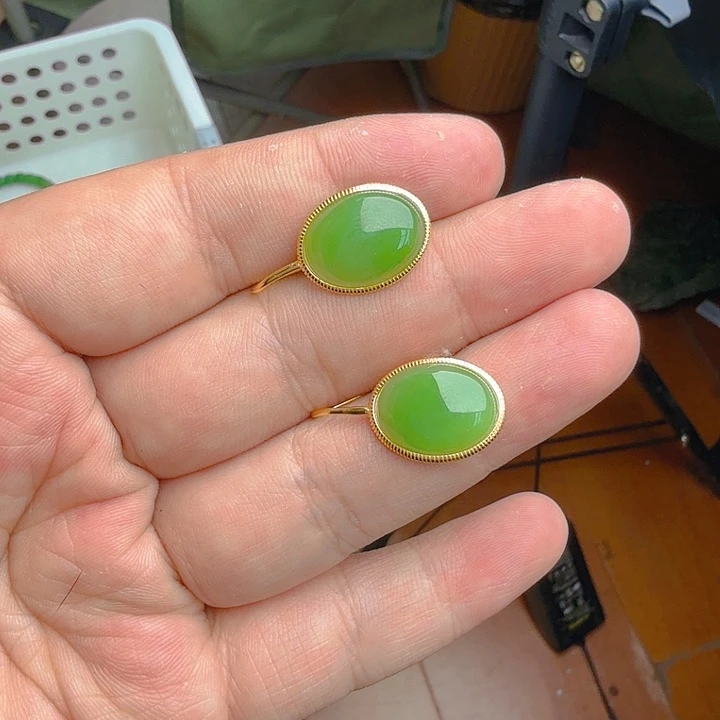 和田玉（碧玉）耳饰银S925镀金镶嵌