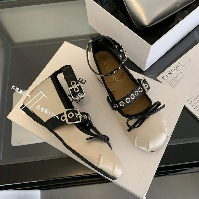 内增高5cm法式温柔风玛丽珍2025新款圆头蝴蝶结绸缎芭蕾鞋