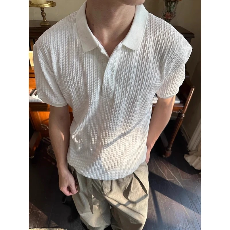 EME 夏季新款竖条浮雕亨利领短袖T恤男女复古Cleanfit翻领上衣潮