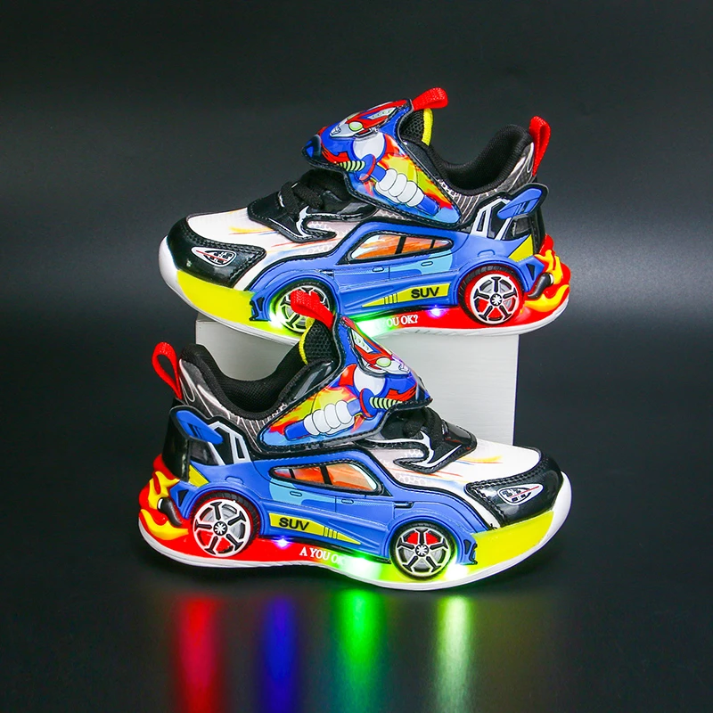男童运动鞋2025春秋新款儿童鞋子旋转纽扣网面发光鞋带灯男孩鞋子