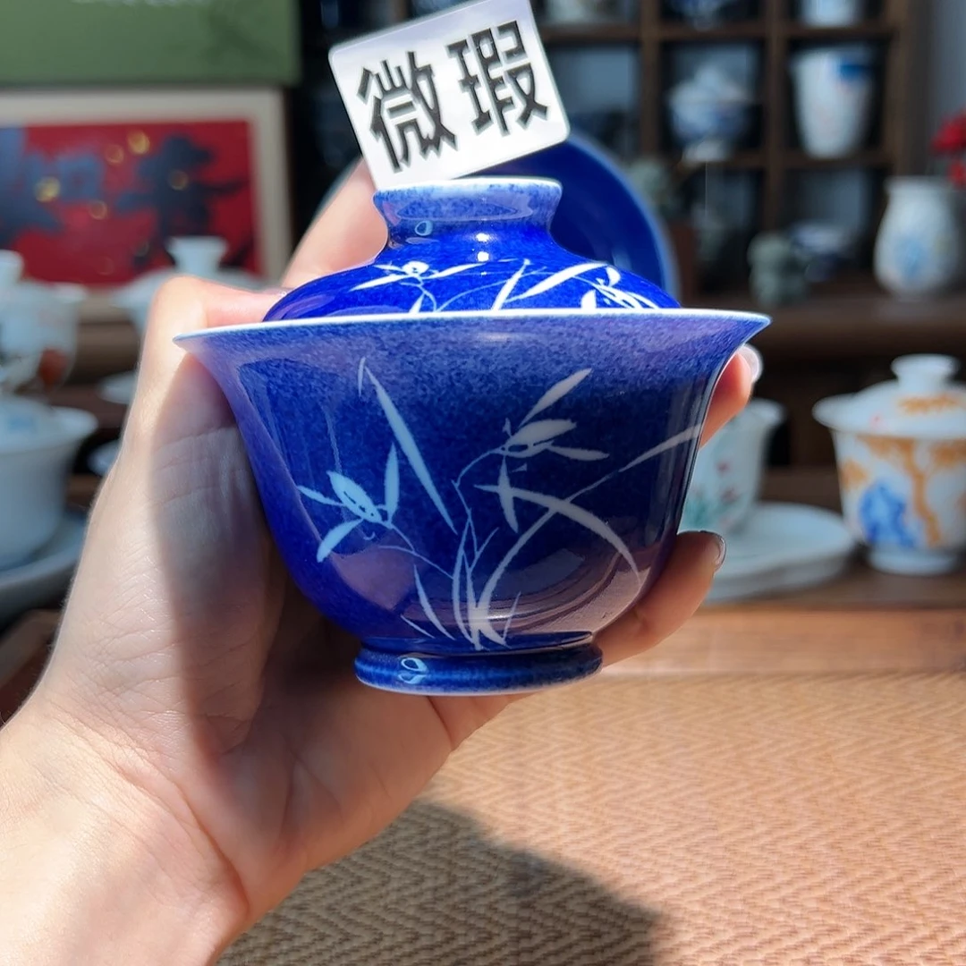 【闪购商品】微瑕 手绘  洒蓝 盖碗