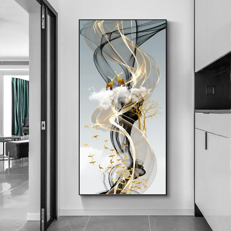 现代轻奢风客厅沙发麋鹿玄关不带灯竖版挂画高端大气晶瓷镶钻壁画