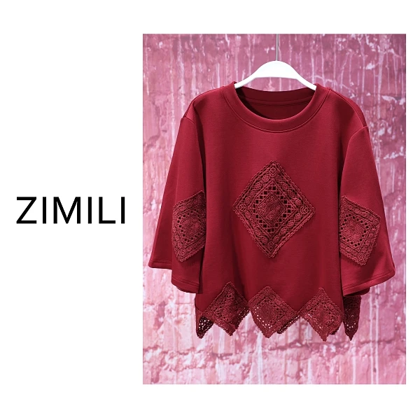 【亮哥女装】2025时装周安可拉红拼接蕾丝高克重时尚短袖8755-H7