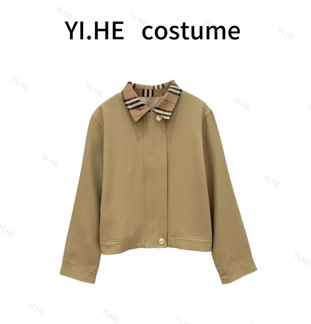 Y 2025 秋季新款【高品质】卡其色格子翻领撞色气质短款风衣夹克