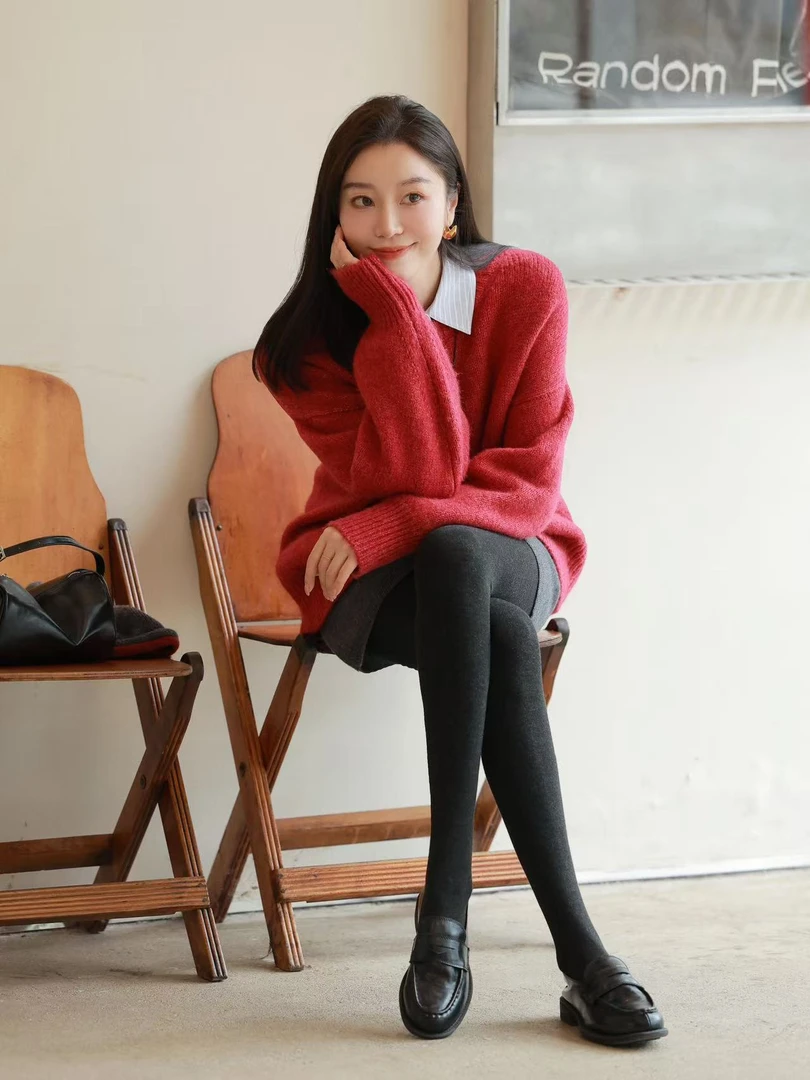 冬季时尚新款韩系圣诞跨年穿搭气质衬衫慵懒风针织衫休闲百搭短裙