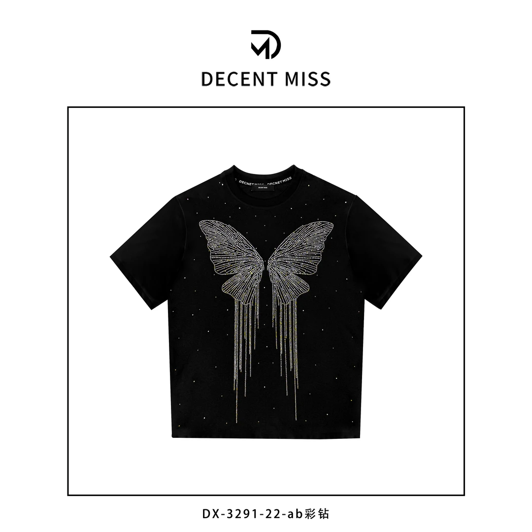 Decent miss春季原创设计新款蝴蝶AB彩钻短袖T恤DX-3291-22