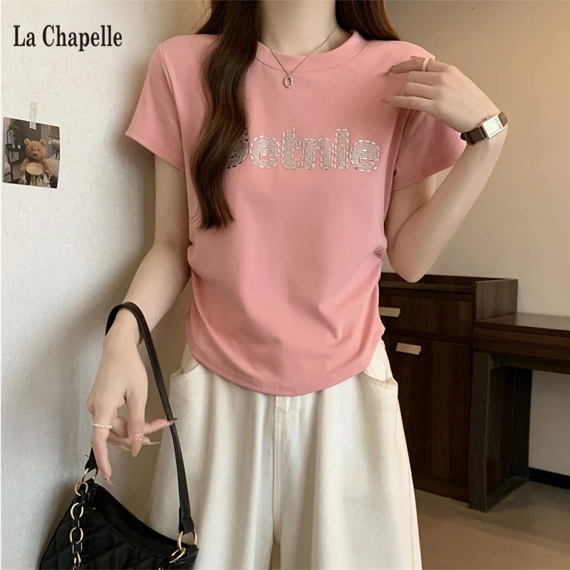 拉夏贝尔圆领修身短袖t恤女2025设计感小众短款独特别致小衫上衣