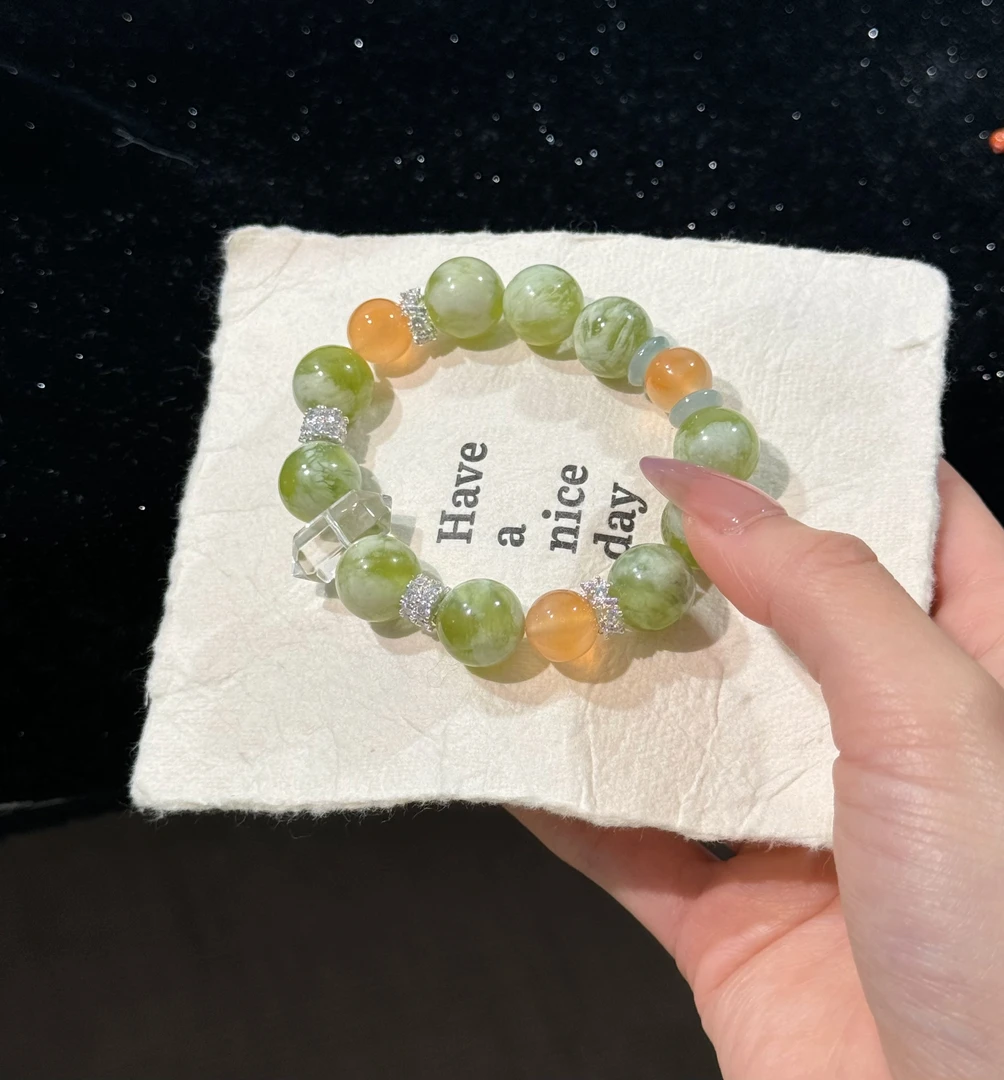 E37《西瓜啵啵》岫玉手串白水双尖头南红玛瑙手串