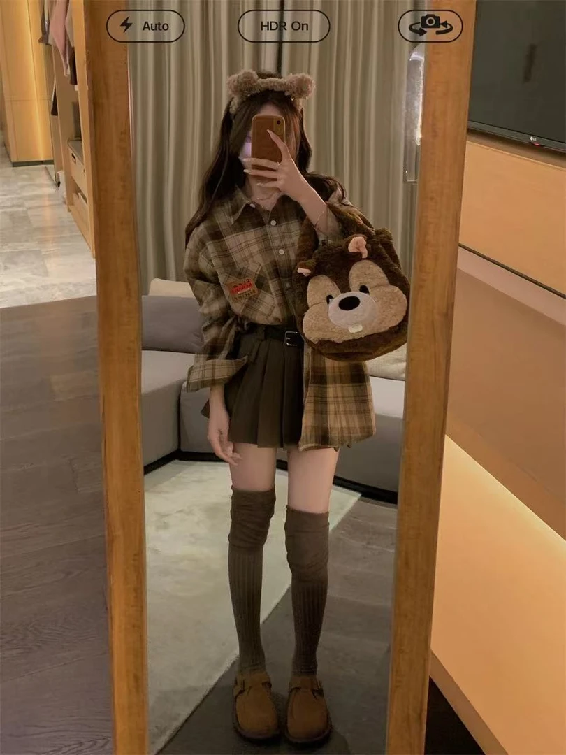 大码女装早秋新款通勤格子宽松衬衫外套长袖百褶裙两件套