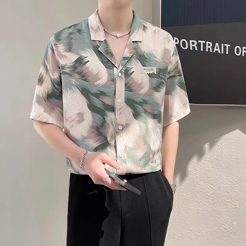 吉伦略索夏季印花短袖衬衫男士薄款冰丝翻领五分袖百搭中袖衬衣潮