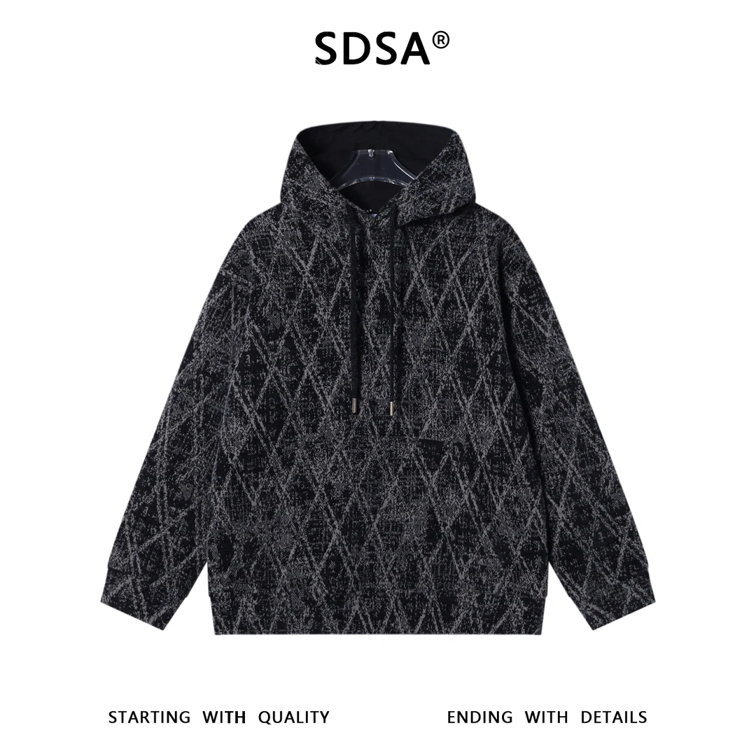 SDSA男士秋冬新款痞帅男装简约撞色菱形格抽绳连帽卫衣宽松百搭