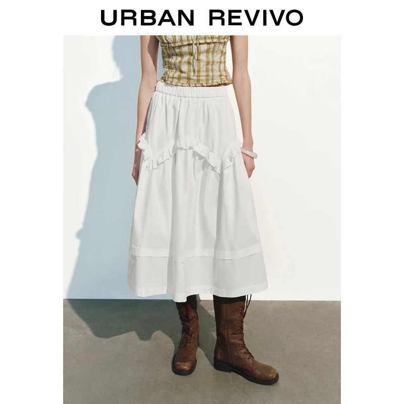 UR2025秋季新款女装休闲芭蕾风松紧腰荷叶边半裙UYL550039