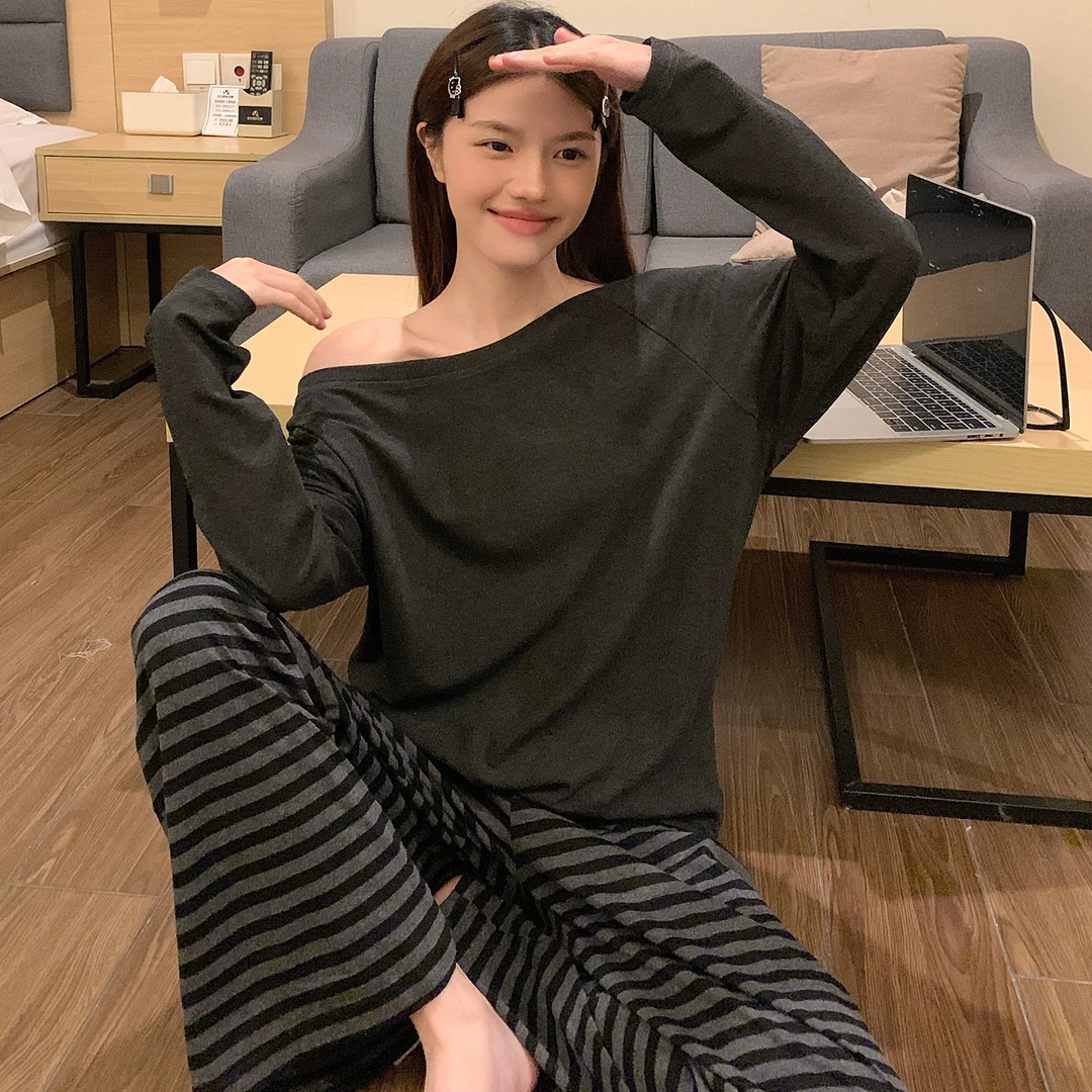 莫代尔睡衣女款春秋季2025新款休闲简约纯色长袖可外穿家居服套装